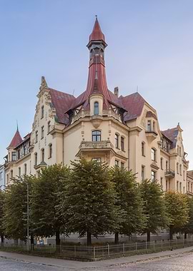 Art Nouveau Building with Red Roof. Alberta street 12, Riga, Latvia.