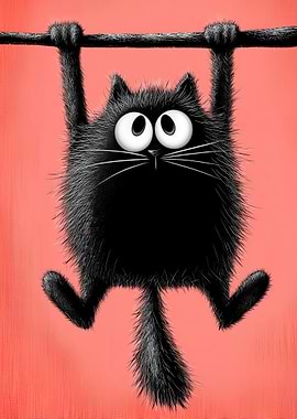 Cartoon Black Cat Hanging on Bar