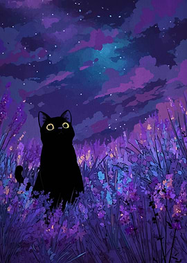 Black Cat in Lavender Field at Night