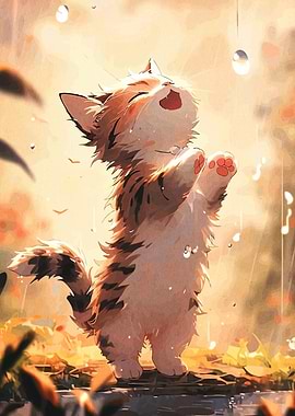 Happy Kitten in the Rain
