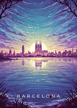 Barcelona Skyline at Sunset Illustration