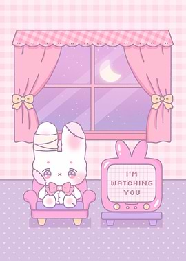 Cute Creepy Bunny with TV Illustration