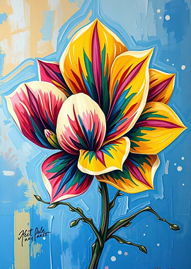 Colorful Floral Painting on Blue Background