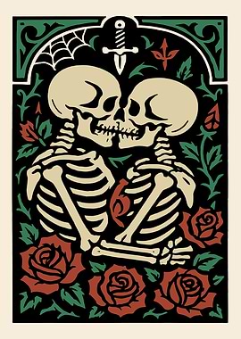 Skeletal Embrace Amidst Roses and Thorns