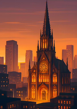 Cathedral in Cityscape at Sunset