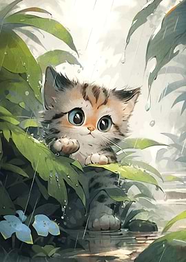 Cute Kitten in the Rain