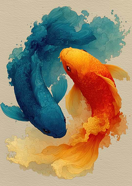 Blue and Orange Koi Fish Illustration