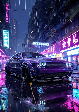 Purple Car in Neon Cityscape