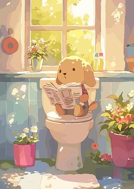 Dog reading newspaper on toilet