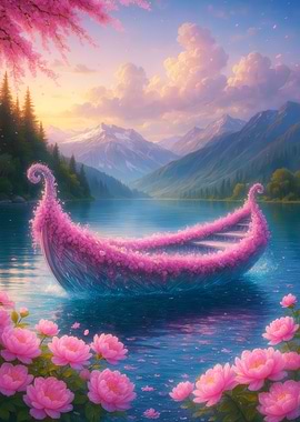 Floral Boat on Lake with Mountains