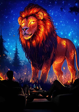 Fiery Lion Night Forest