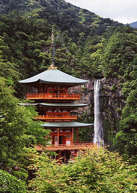 Japanese Temple and Waterfall Landscape
