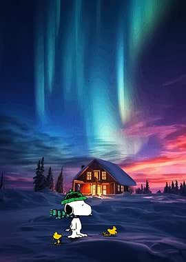 Snoopy and Woodstock under Aurora Borealis