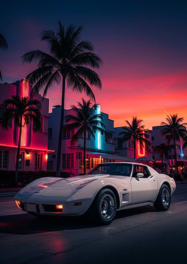 White Corvette C3 in Miami at Sunset