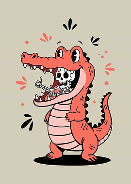 Cartoon Alligator Eating Skeleton Thumbs Up