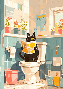 Cat Reading Newspaper on Toilet