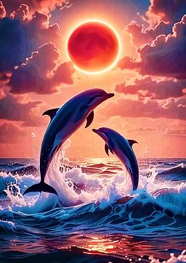 Dolphins jumping sunset