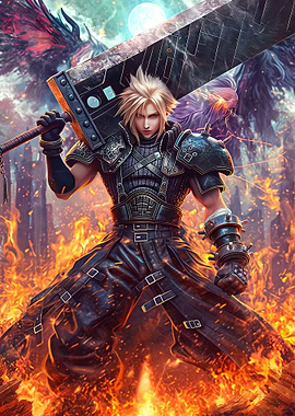 Cloud Strife in Fiery Battle Scene