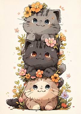 Stacked Cats with Flowers Illustration