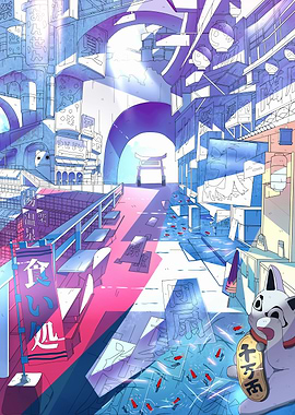 Japanese Street Scene with Maneki Neko