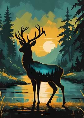 Deer in Forest Landscape Illustration