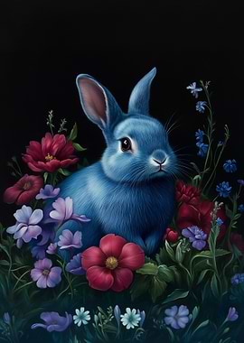 Baroque Blue Rabbit in Floral Garden