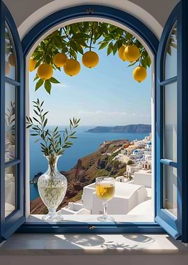 Santorini view through open window