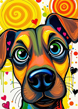 Colorful Dog Portrait with Hearts