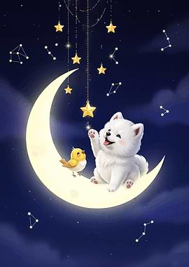 Cute Dog and Bird on Moon