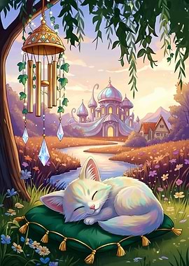 Dreamy Cat Nap in Fantasy Landscape