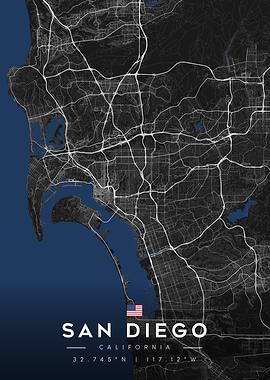 San Diego California City Map Minimalist Dark