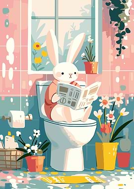 Rabbit Reading Newspaper on Toilet