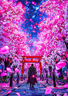Cherry Blossom Path with Cloaked Figure