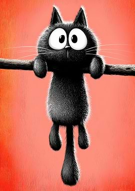 Cartoon Black Cat Hanging on Branch