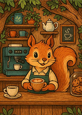 Squirrel Barista Serving Coffee Illustration