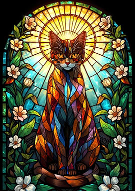Stained Glass Cat with Floral Accents