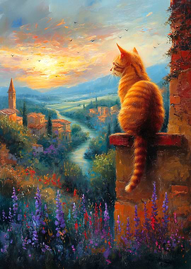 Cat overlooking Tuscan landscape painting