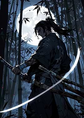 Samurai in Bamboo Forest Under Moonlight