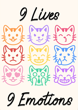 Cute Colorful Cat Faces | Kawaii Minimalist Wall Art I 9 Lives 9 Emotions