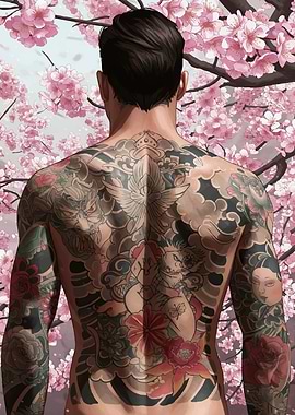 Tattooed Back with Cherry Blossom Background