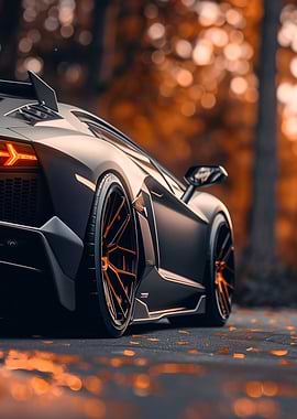 Sleek Black Sports Car in Autumn Setting
