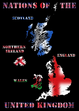 Nations of the United Kingdom Scotland Northern Ireland England Wales Topographic Map blending terrain & flag