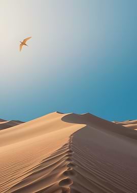 Desert landscape with bird in flight