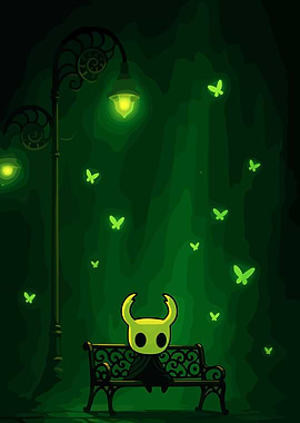Hollow Knight on a bench