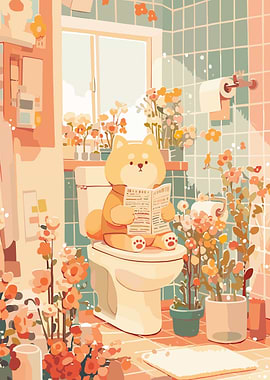 Dog Reading Newspaper in Floral Bathroom