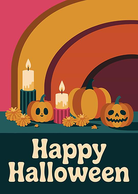 Retro Happy Halloween Illustration with Pumpkins