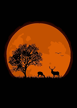 Deer Silhouette Under Orange Moon
