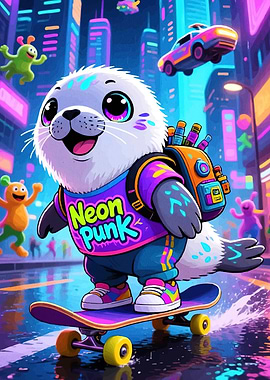 Neon Punk Seal Skateboard