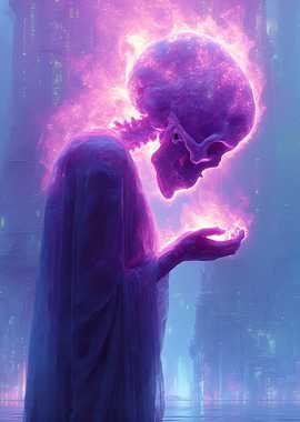 Ethereal Skull Figure in Cyberpunk City