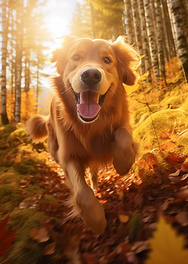 Golden Retriever Running in Autumn Forest